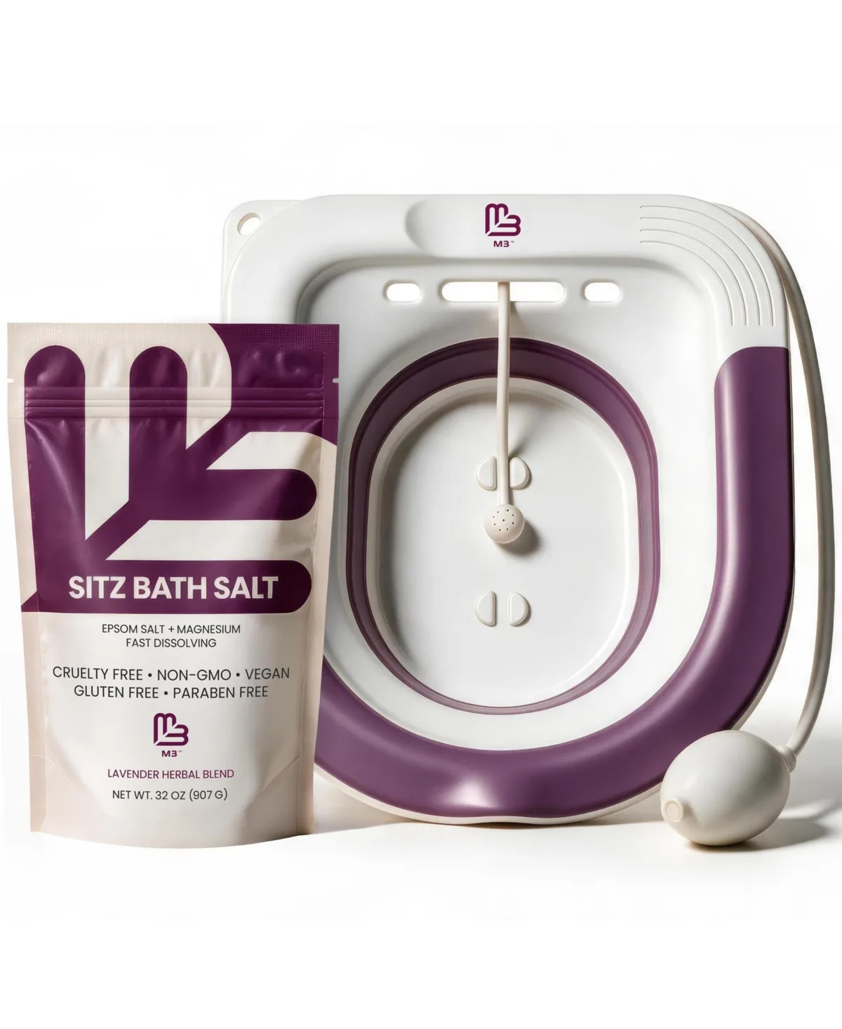 Sitz Bath and Sitz Bath Salt Kit, 16 oz - Foldable Toilet Basin with Epsom Salts - Portable and Universal Fit by M3