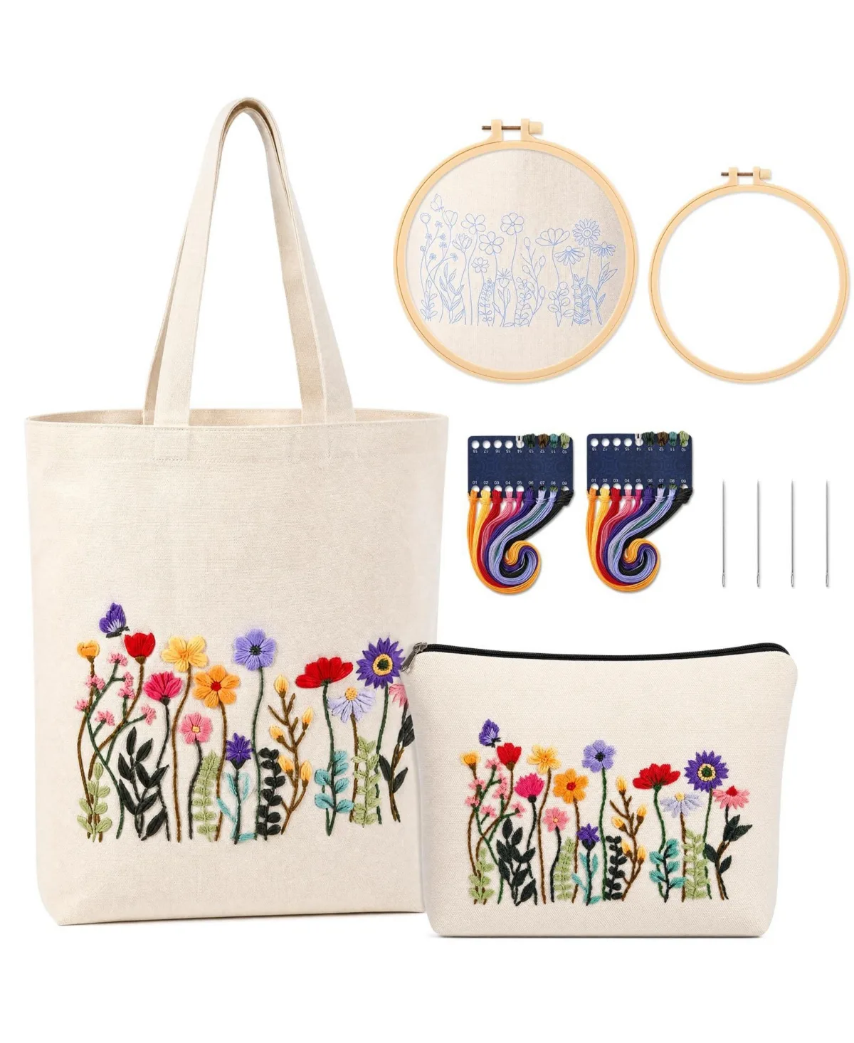 Beginner Flower Embroidery Kit Canvas Tote Bag Cosmetic Set Arts Craft by Aeelike