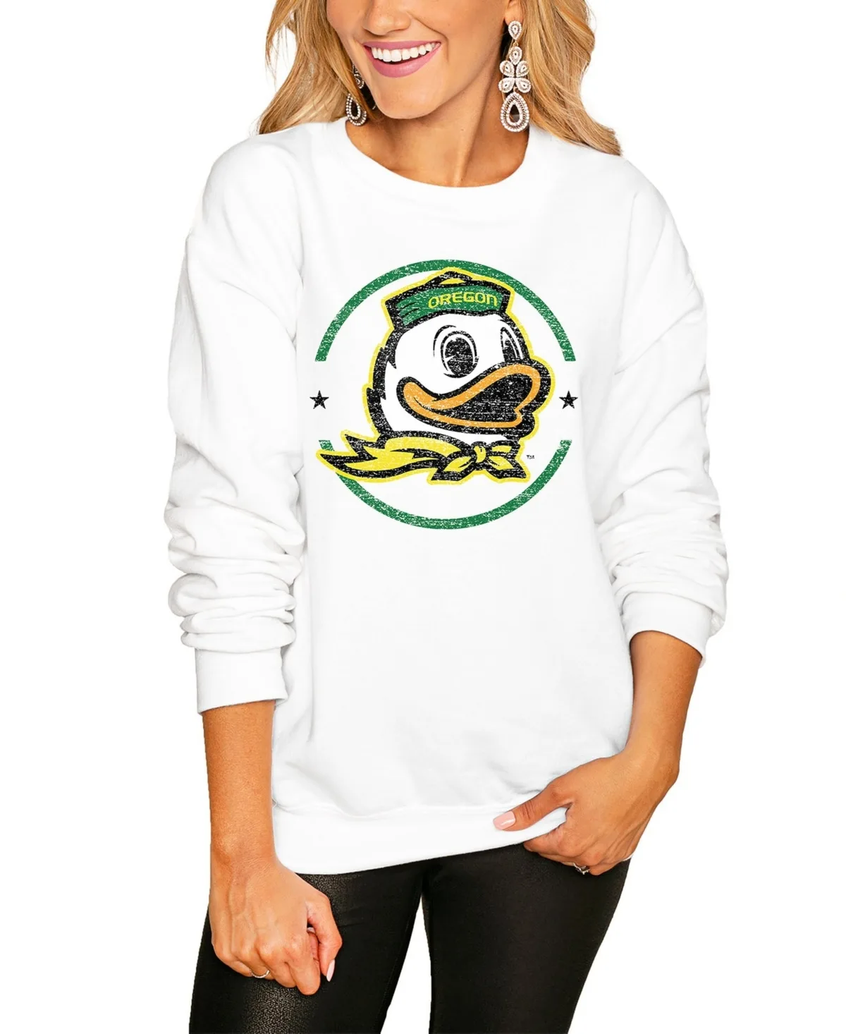 End Zone Oregon Ducks Oversized Distressed-Graphics Sweatshirt by Gameday Couture