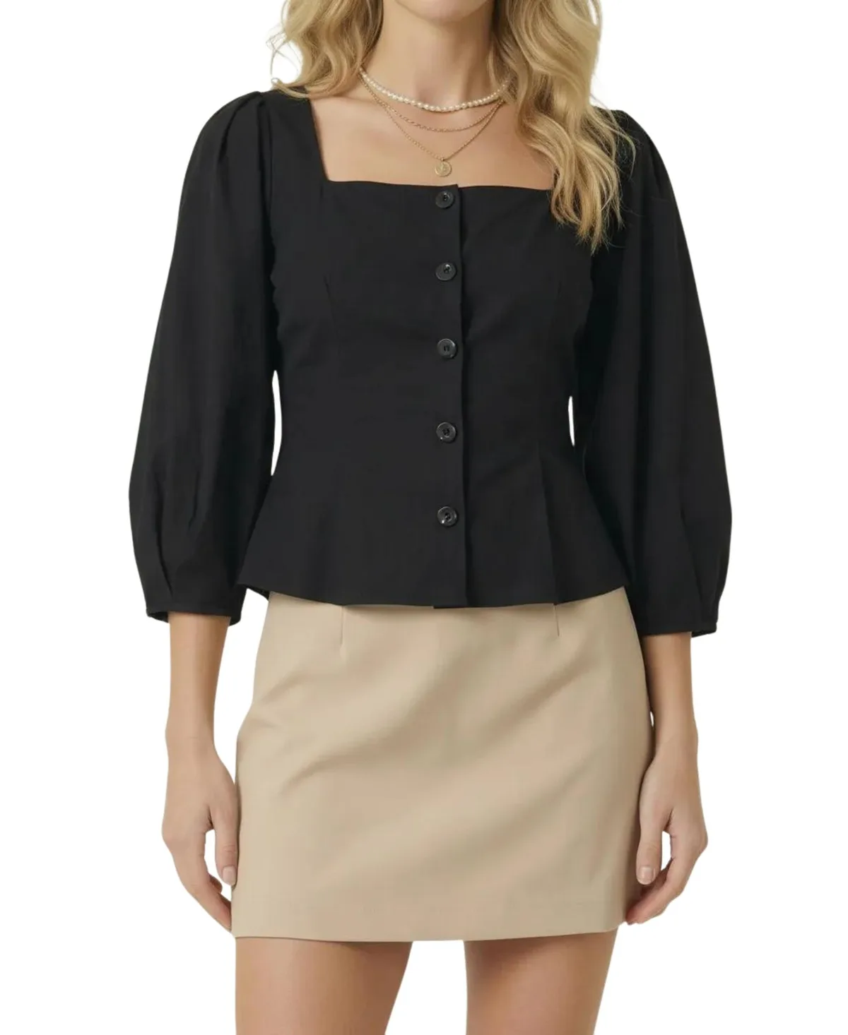Square-Neck Peplum Long-Sleeve Blouse by Modenaire