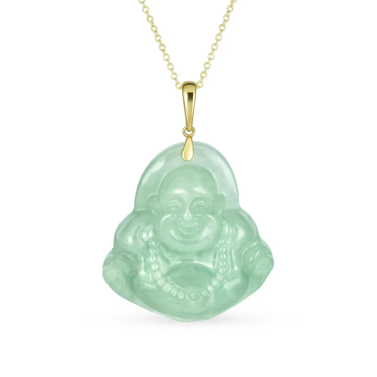 Yogi Amulet Large Statement Thai Spiritual Green Natural Jade Carved Laughing Buddha Pendant Necklace Gold Plated Sterling Silver 18" by Bling Jewelry