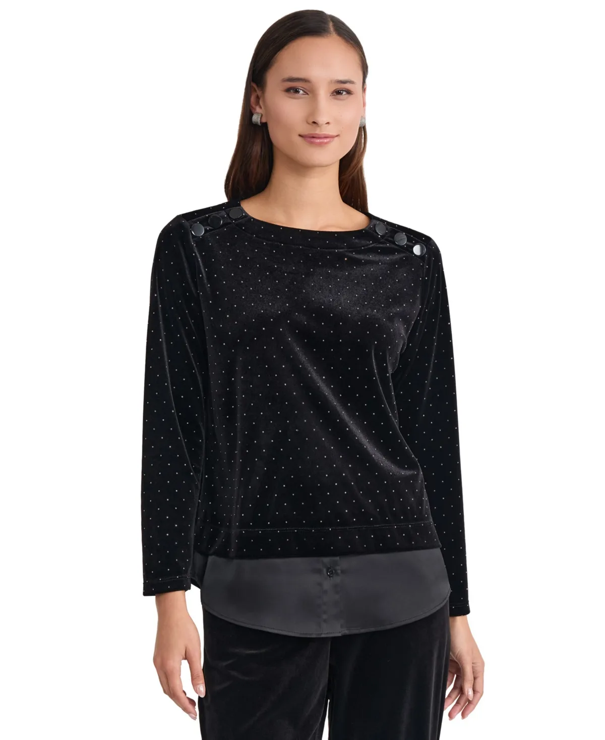 Button-Shoulder Polka-Dot Long-Sleeve Blouse by Jones New York