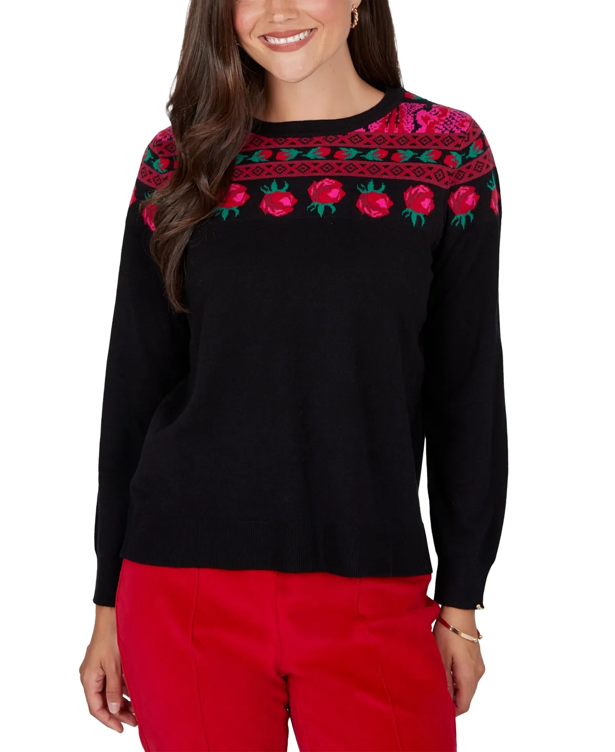 Fair Isle-Inspired Long-Sleeve Rose Pullover Sweater by Ruby Rd