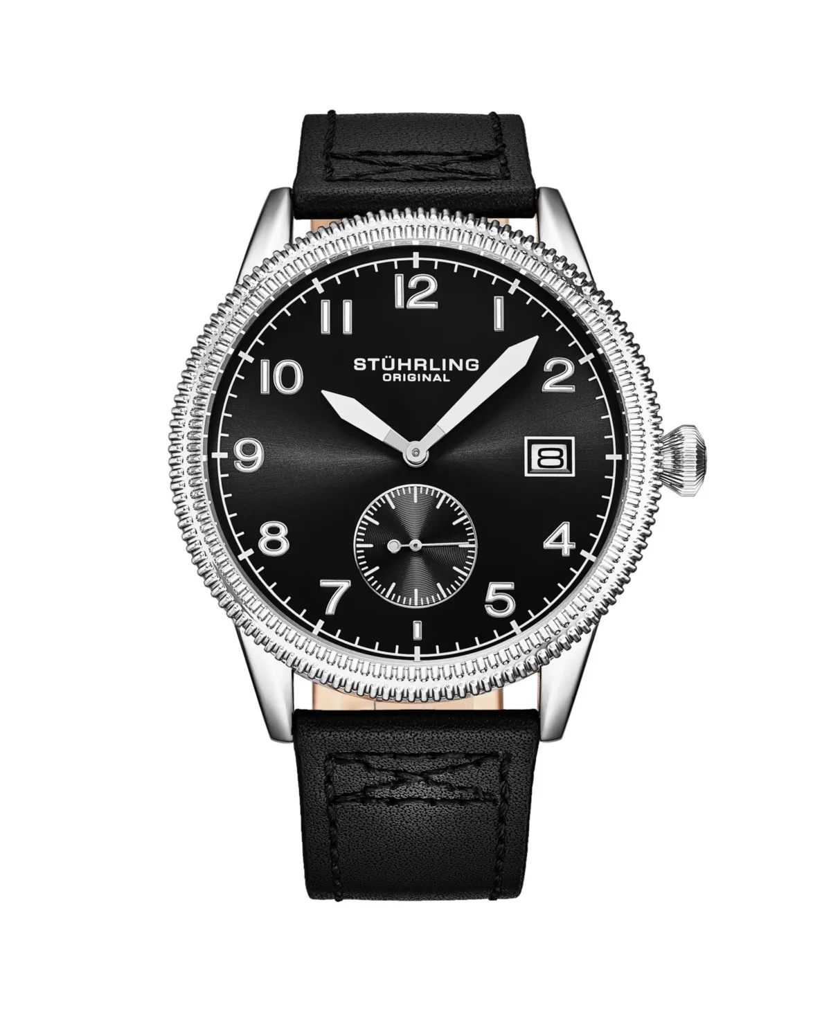 Aviator Black Leather, Black Dial, 51mm Round Watch by Stuhrling