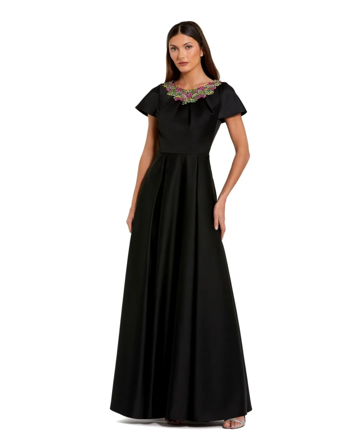 Satin Flutter Sleeve Gown with Neckline Beading by M.A.C.