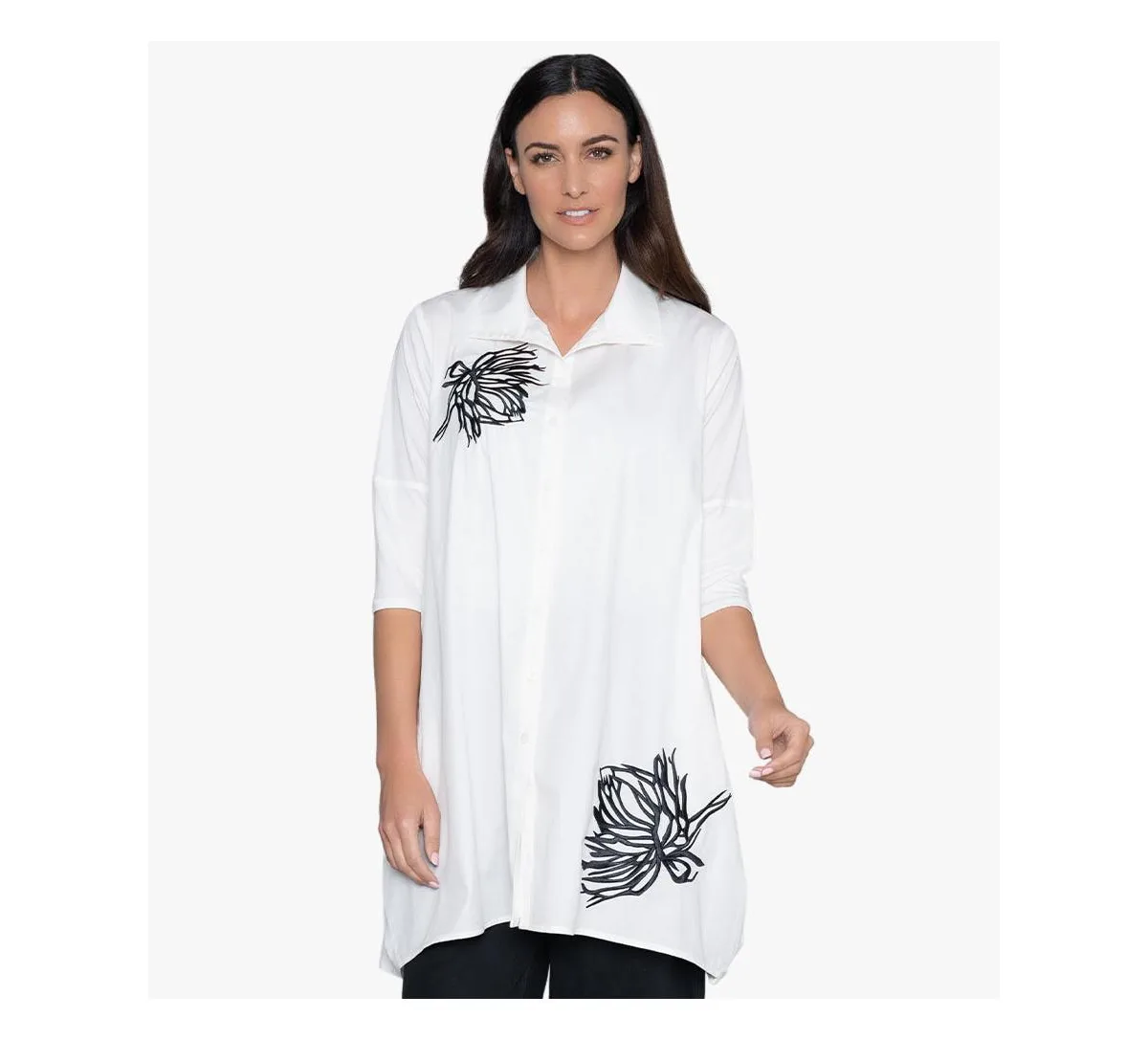 3/4 Sleeve Embroidered Cotton Poplin Shirt Top Tiburon Tunic Icon by Stella Carakasi