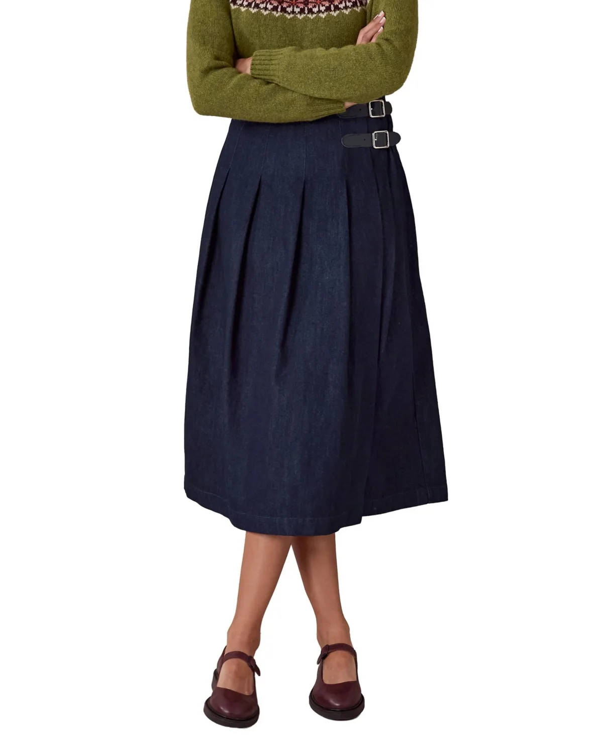Pleated A-Line Midi Denim Skirt by Celtic & Co