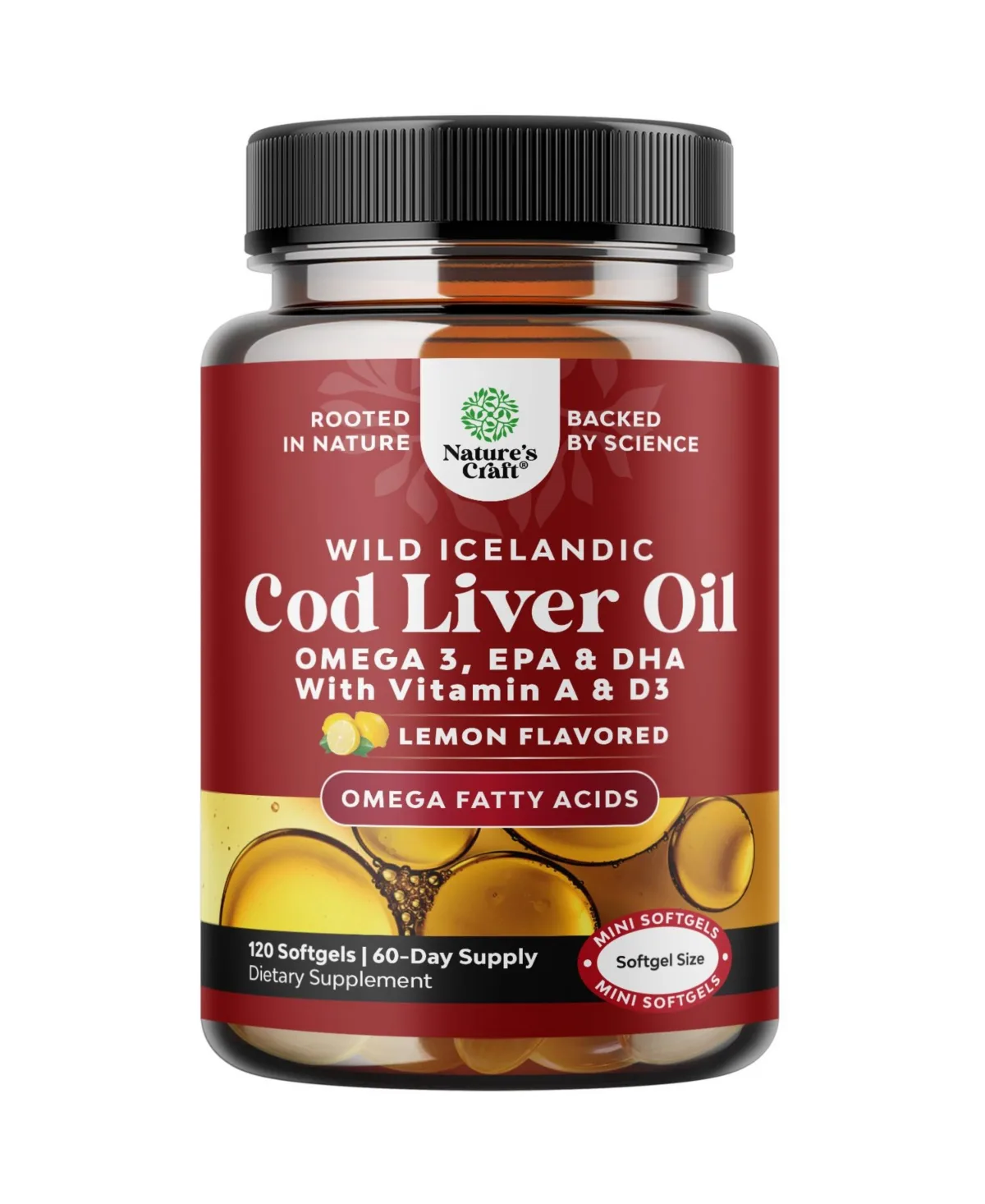 Wild Icelandic Cod Liver Oil Softgels, 1000mg, Epa and Dha with Vitamins a and D3, Lemon Flavor, 120 Count by Natures Craft
