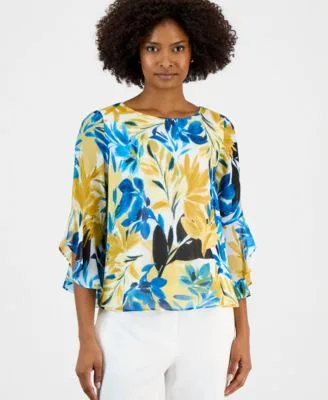 3/4 Ruffle Sleeve Printed Boatneck Top by Kasper