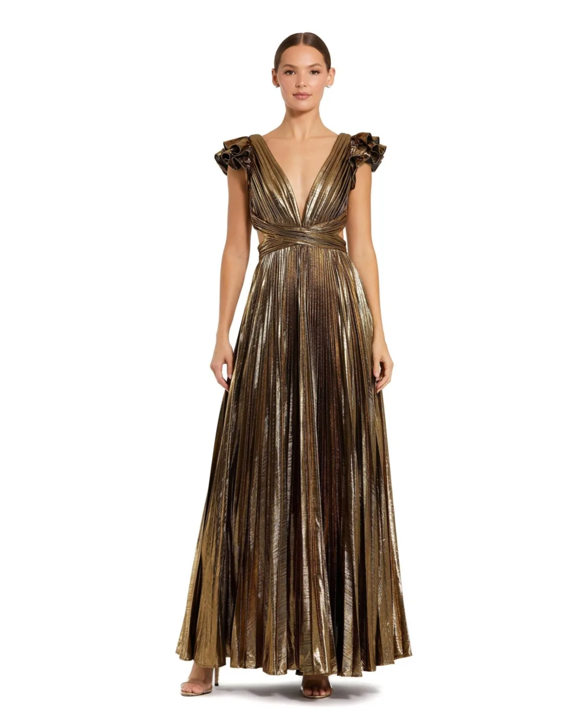 Mac Duggal Ruffle Sleeve Cutout Pleated Metallic Gown