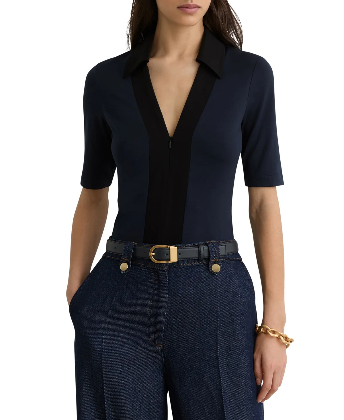 Colorblock Polo Half-Zip Short-Sleeve Top by Reiss