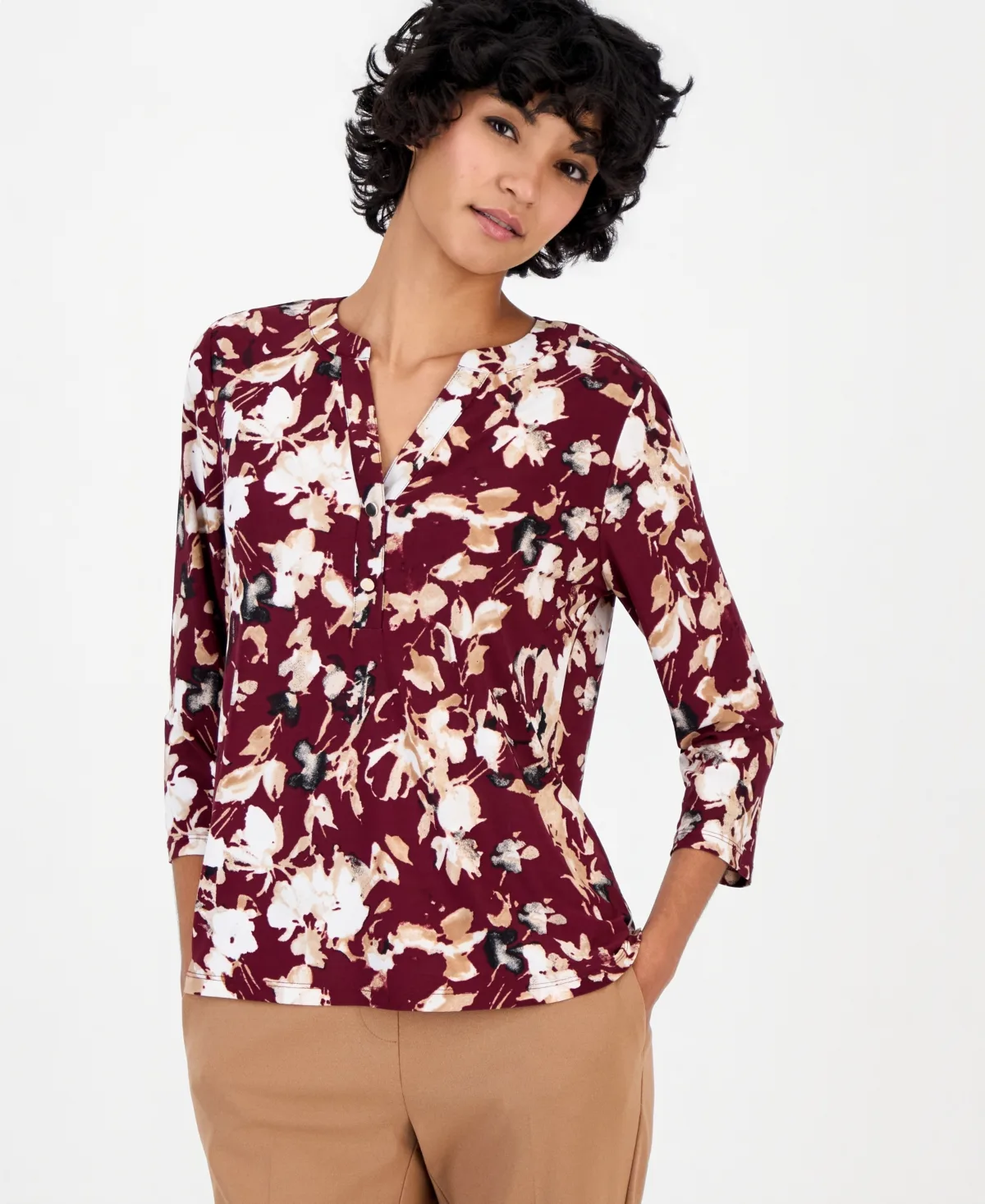Essentials V-Neck 3/4-Sleeve Floral-Print Henley by Anne Klein