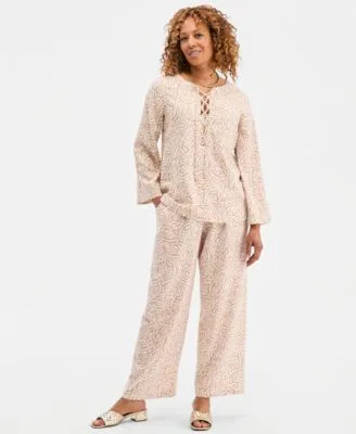 Printed Lace Up Linen Blend Top Pull on Pants by JM Collection