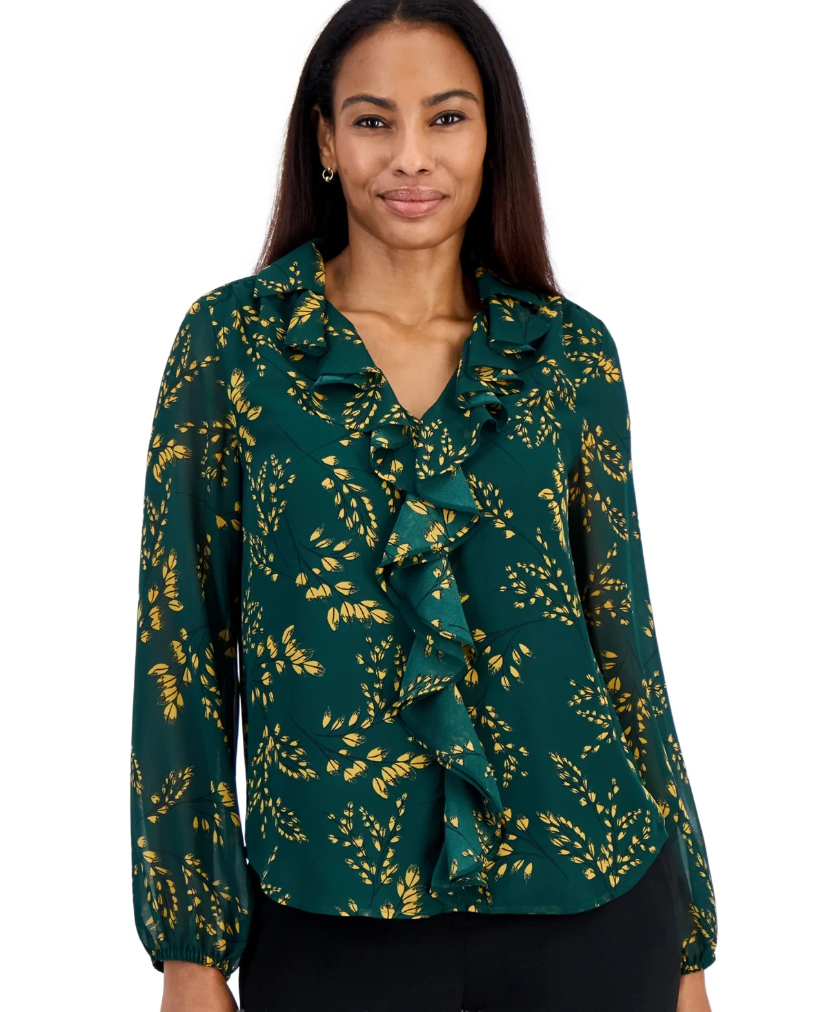 Long-Sleeve V-Neck Ruffle Blouse by Kasper