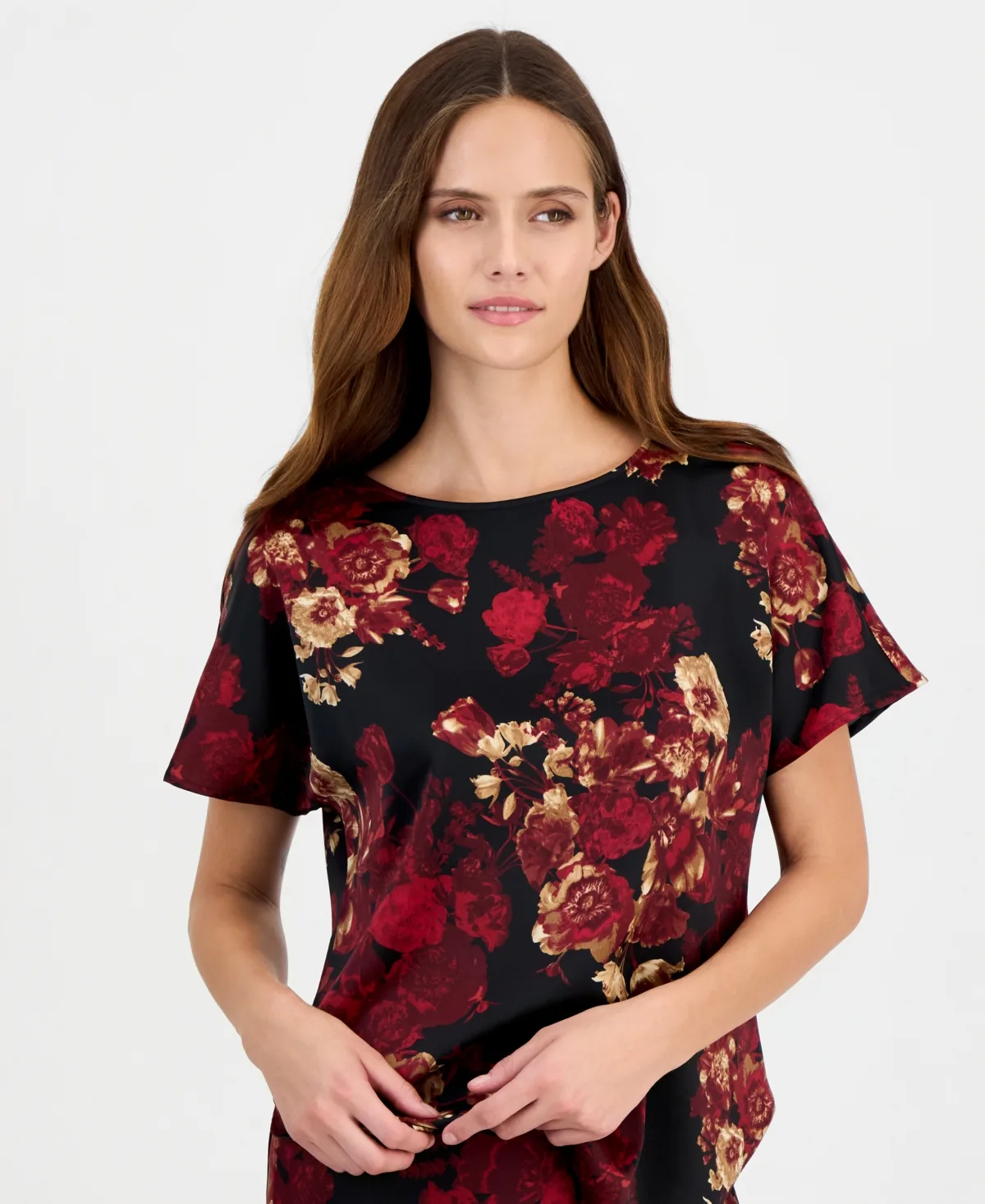 Short-Sleeve Bateau Neck Printed-Satin Blouse by Anne Klein