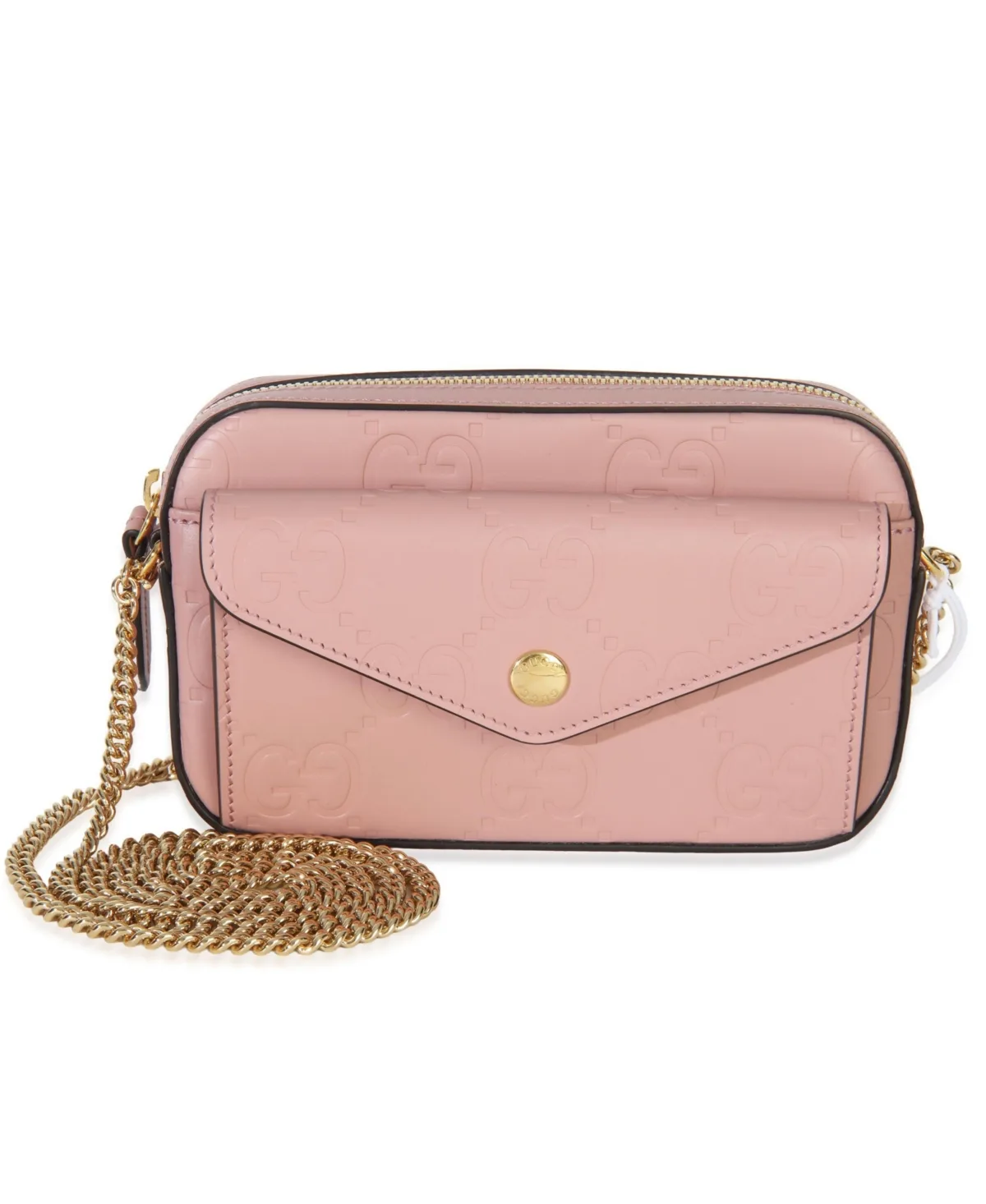 Pre-Owned Gucci Light Pink Calfskin Debossed Gg Super Mini Chain Wallet