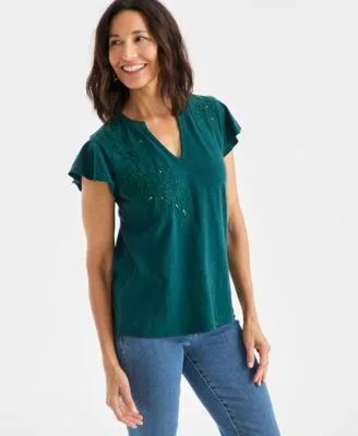 Cotton Embroidered Flutter Sleeve Knit Top by Style & Co