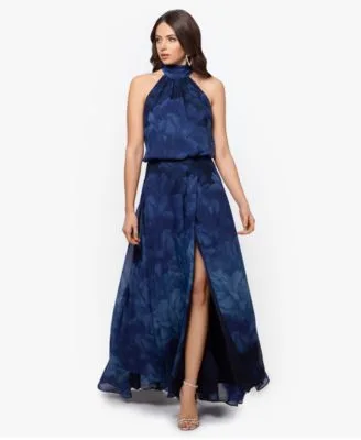 Long Chiffon Print Halter Neck Dress by Betsy & Adam