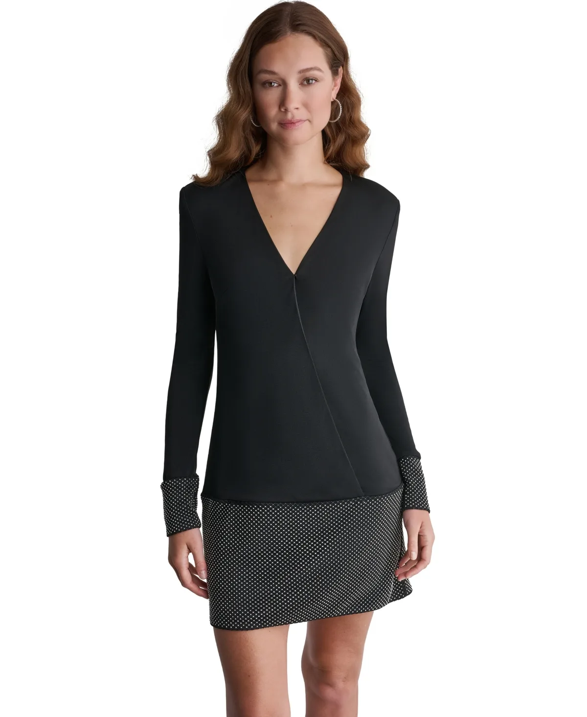 Long-Sleeve V-Neck Crystal Beaded Mesh Mini Dress by BCBG