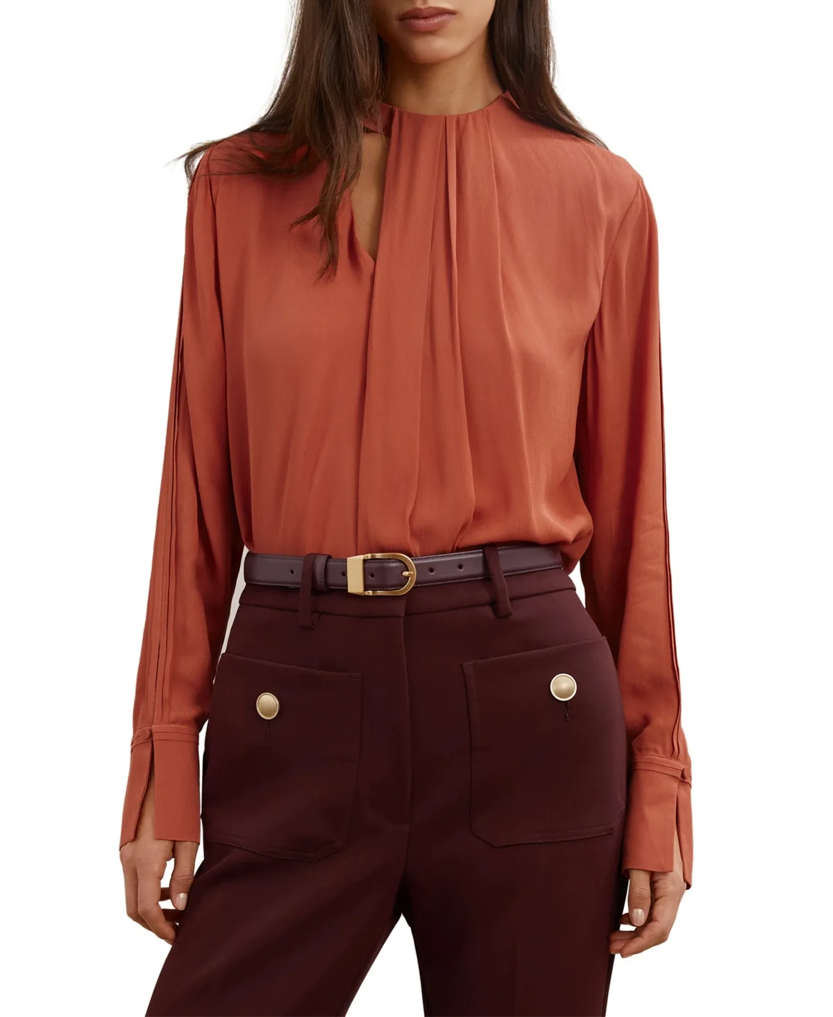 Marta Long-Sleeve Asymmetric-Drape Cut-Out Blouse by Reiss