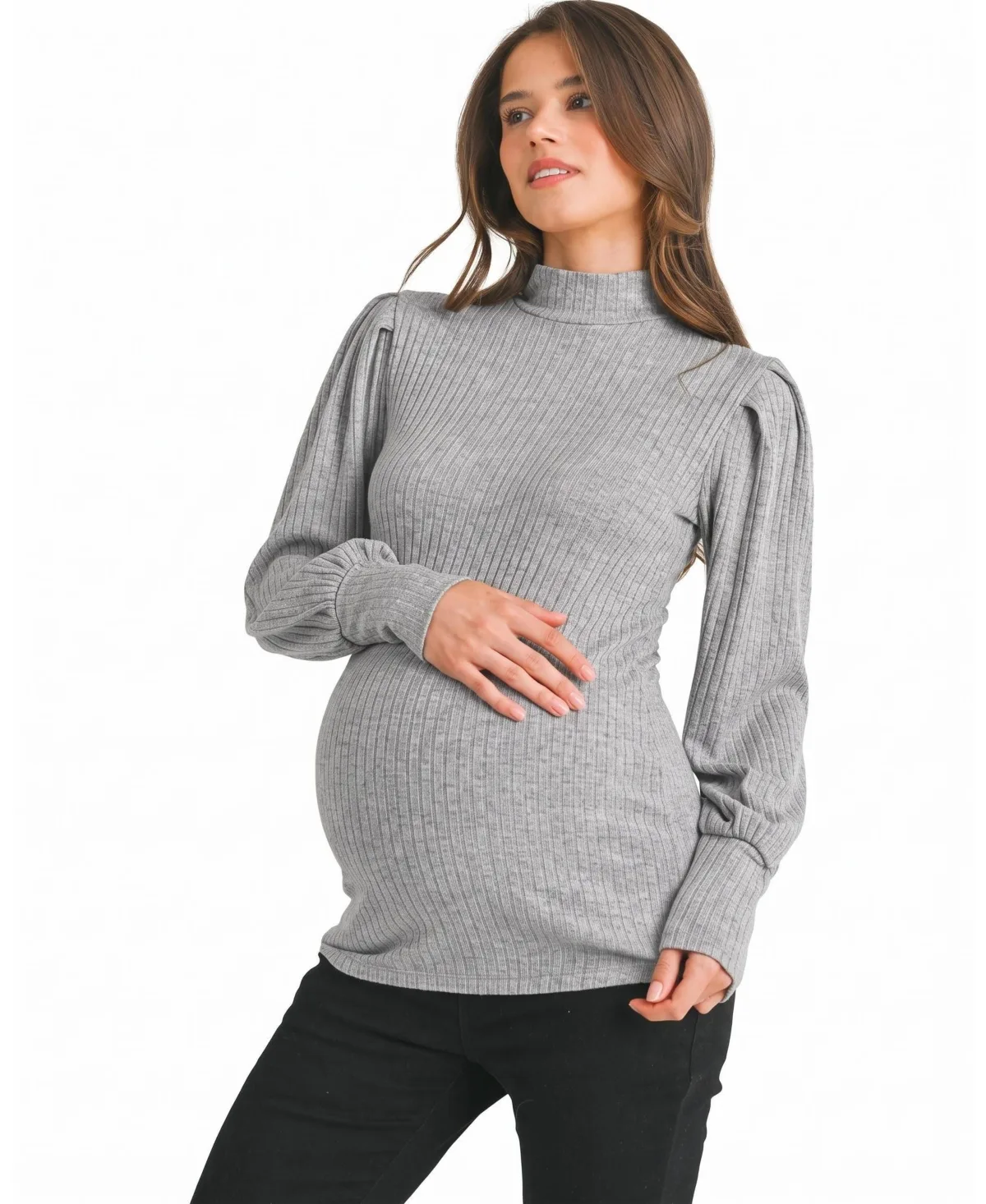 Ribbed Mock-Neck Puff-Sleeve Top