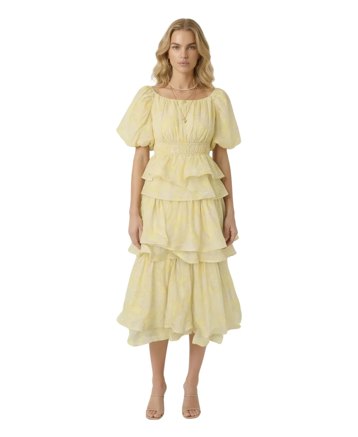 Puff Sleeve Tiered Ruffle Midi Dress