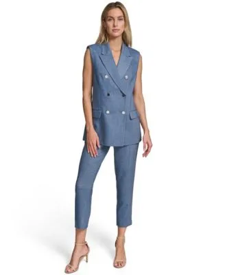 Notch Collar Button Front Vest Mid Rise Slim Leg Pants by Calvin Klein