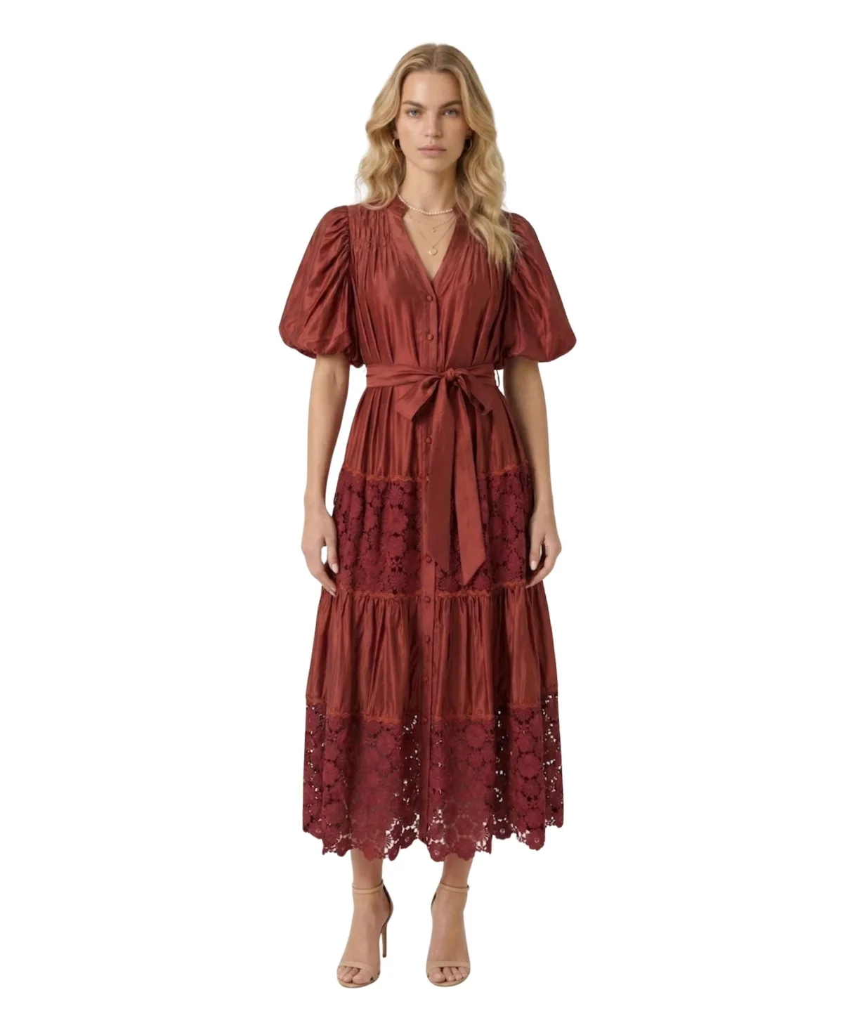 V-Neck Puff-Sleeve Lace-Panel Midi Dress