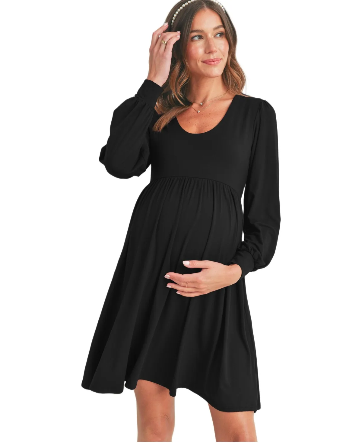Long Sleeve Empire Waist Scoop Neck Maternity Dress by Hello Miz