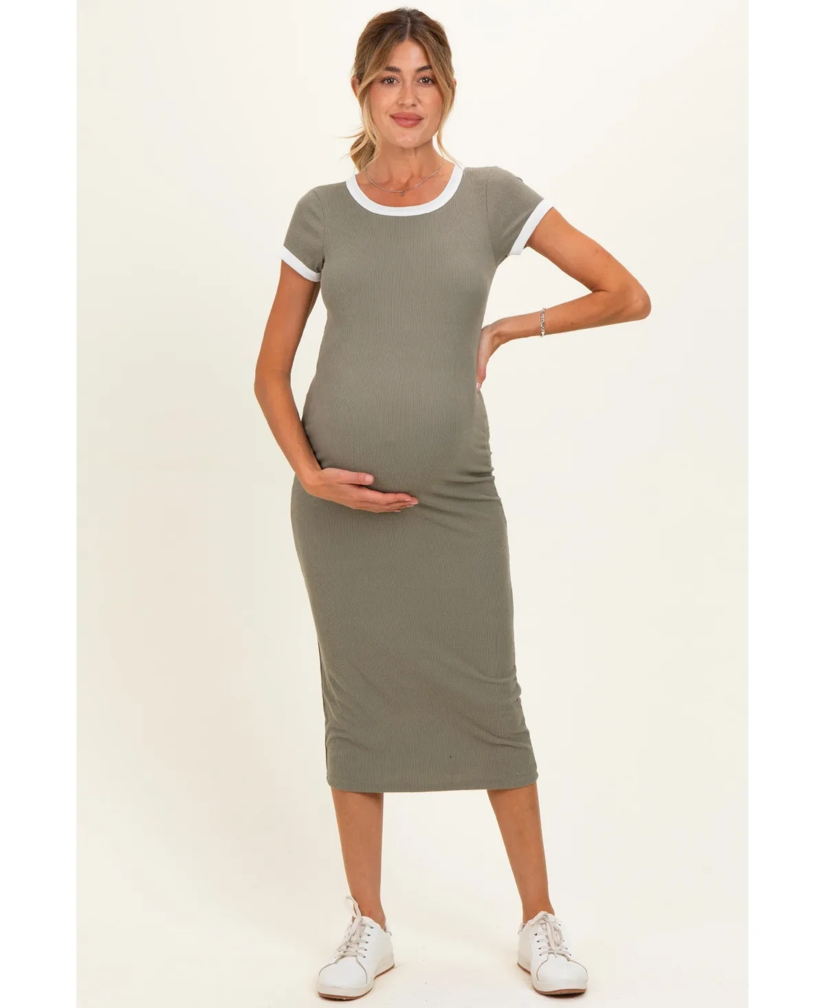 Faded Olive Colorblock Trim Midi Dress by PinkBlush