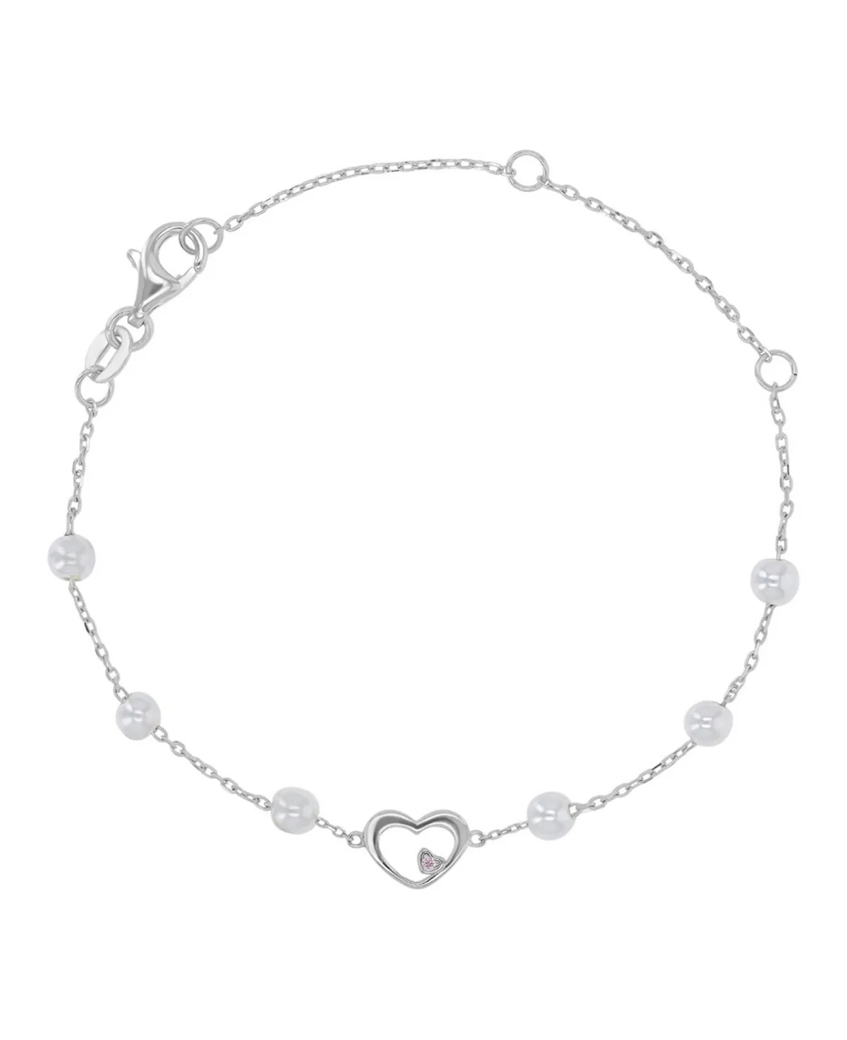 Rhodium Over Silver Cultured Pearl and Pink Cubic Zirconia Heart Bracelet by Macy's