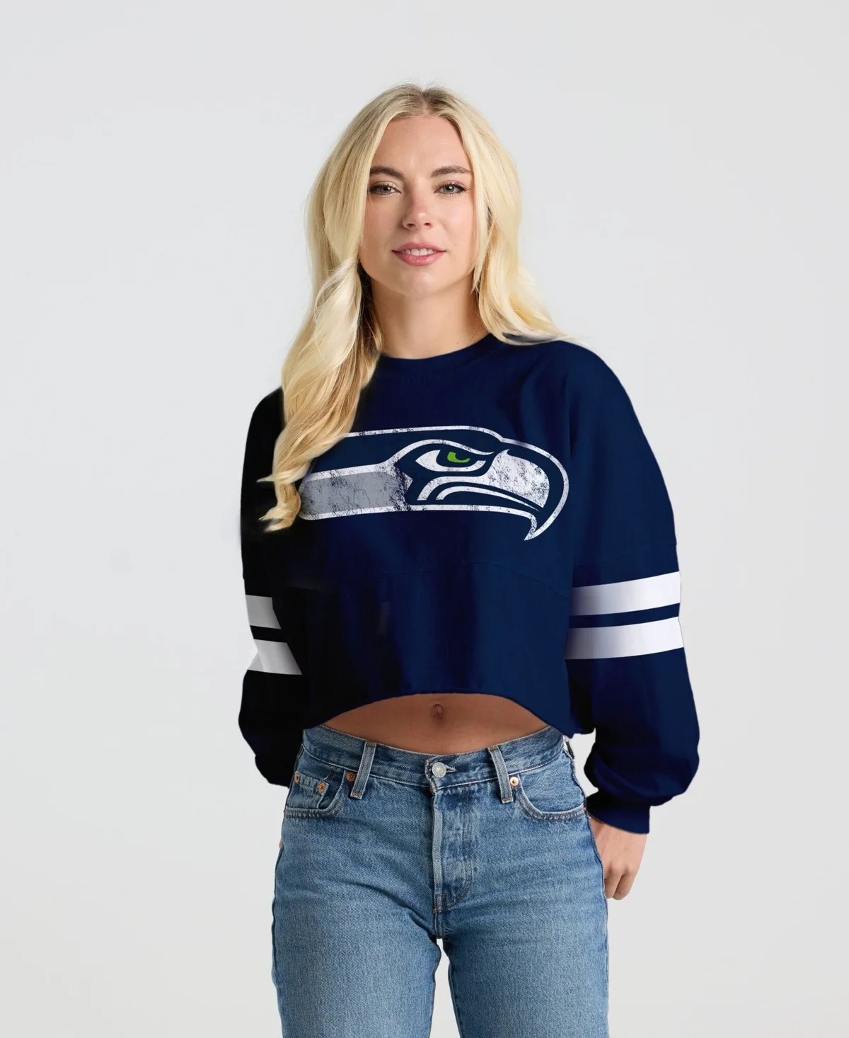 Seattle Seahawks Oversized Cropped Stripe Long Sleeve T-Shirt by Spirit Jersey