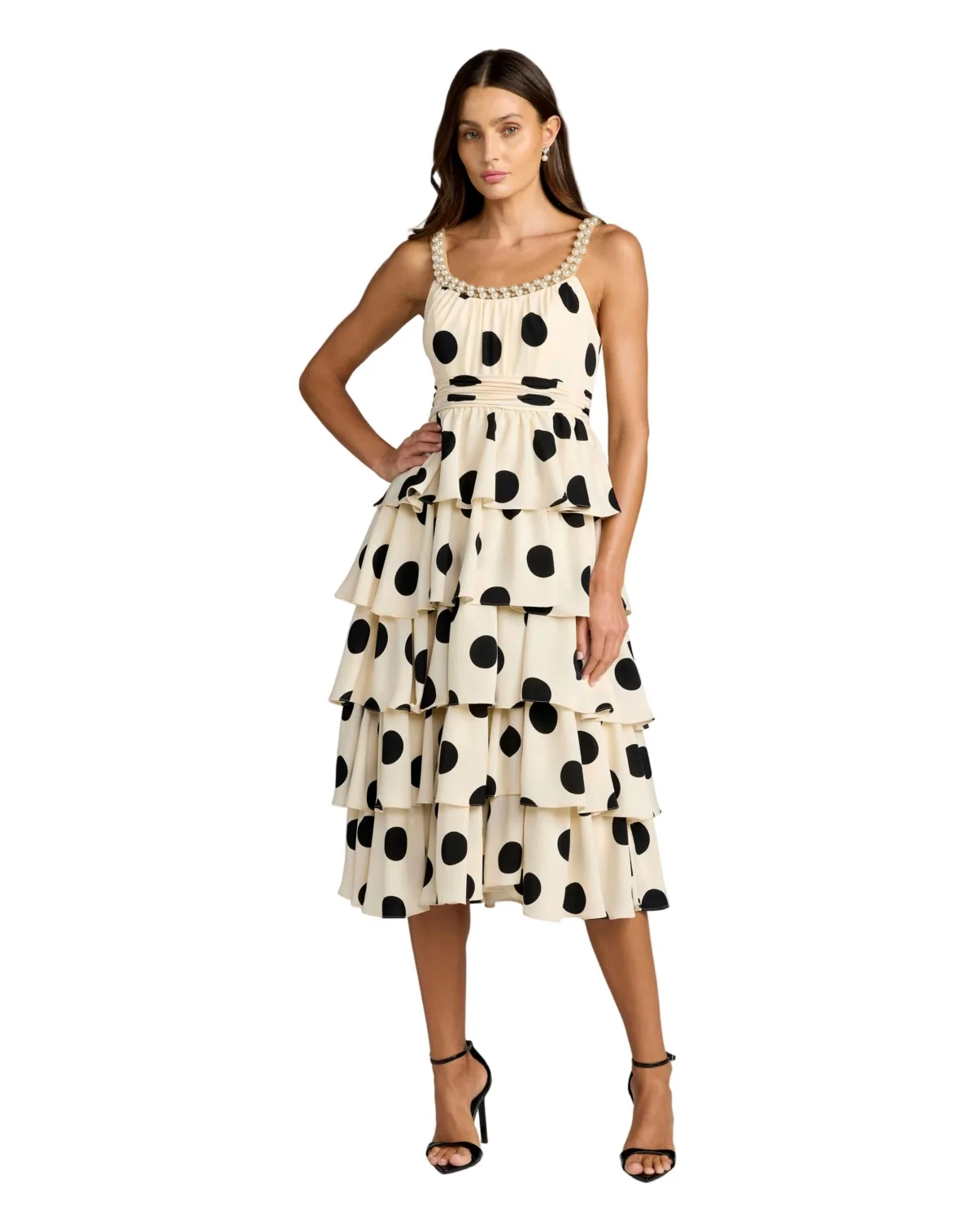 Mac Duggal Polka Dot Charmeuse Scoop Neck Ruffle Midi Dress by M.A.C.
