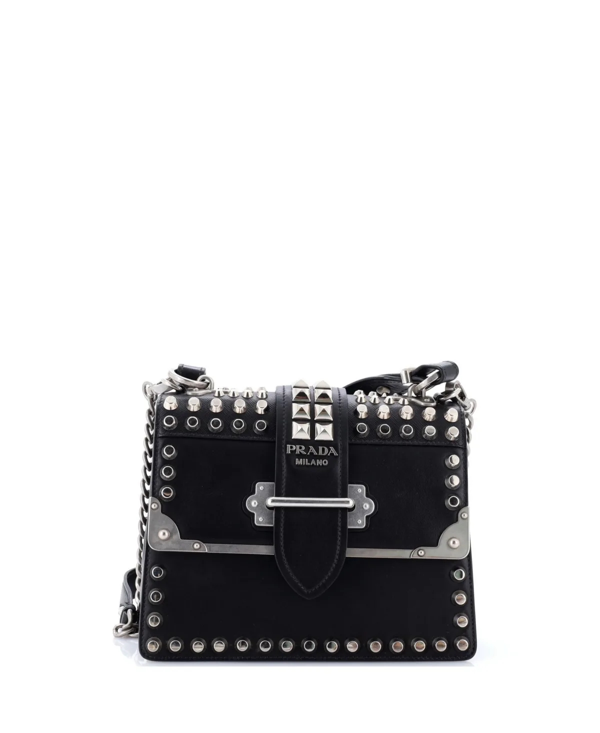 Pre-Owned Prada Small Cahier Convertible Shoulder Bag Studded City Calf with Saffiano by Prada