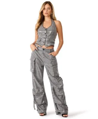 Sequin Halter Crop Vest Sequin Wide Leg Cargo Pants by Steve Madden