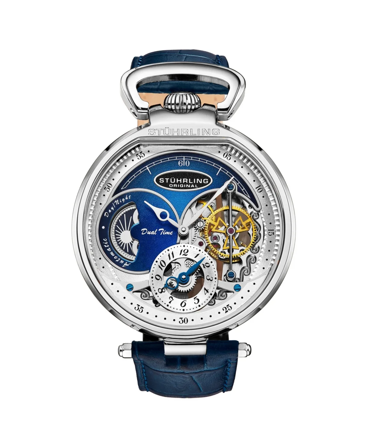 Automatic Dual Time Alloy Case Skeleton Dial Alligator Embossed Genuine Leather Strap Watch