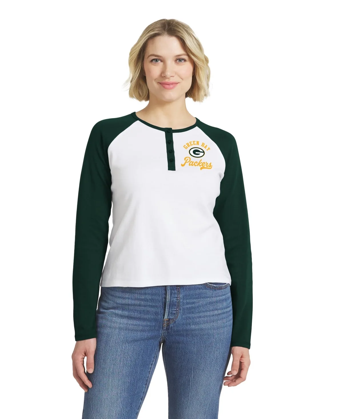 Green Bay Packers Henley Long-Sleeve Raglan T-Shirt by Wear by Erin Andrews