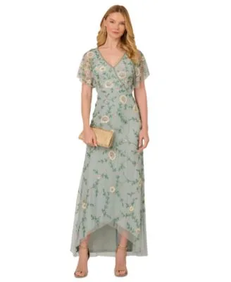 Bead Flutter Sleeve Midi Mesh Dress by Adrianna Papell