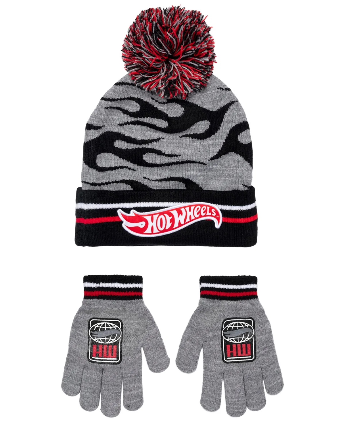 Hot Wheels Pom-Pom Ribbed Beanie Hat and Gloves, 2-Piece Set by Hot Wheels