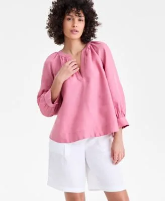 100 Linen Split Neck 3/4 Sleeve Blouse by Charter Club