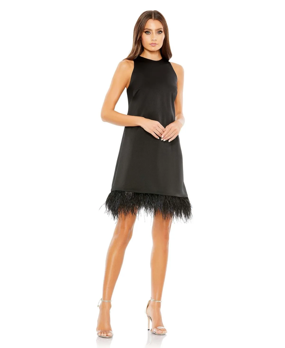 Mac Duggal Feathered Hem High Neck Sleeveless a Line Dress by M.A.C.