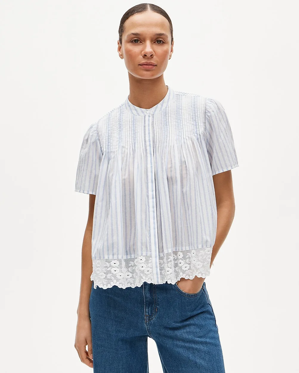 Lace-Trim Short-Sleeve Button-Up Top in Cotton Voile by J.Crew