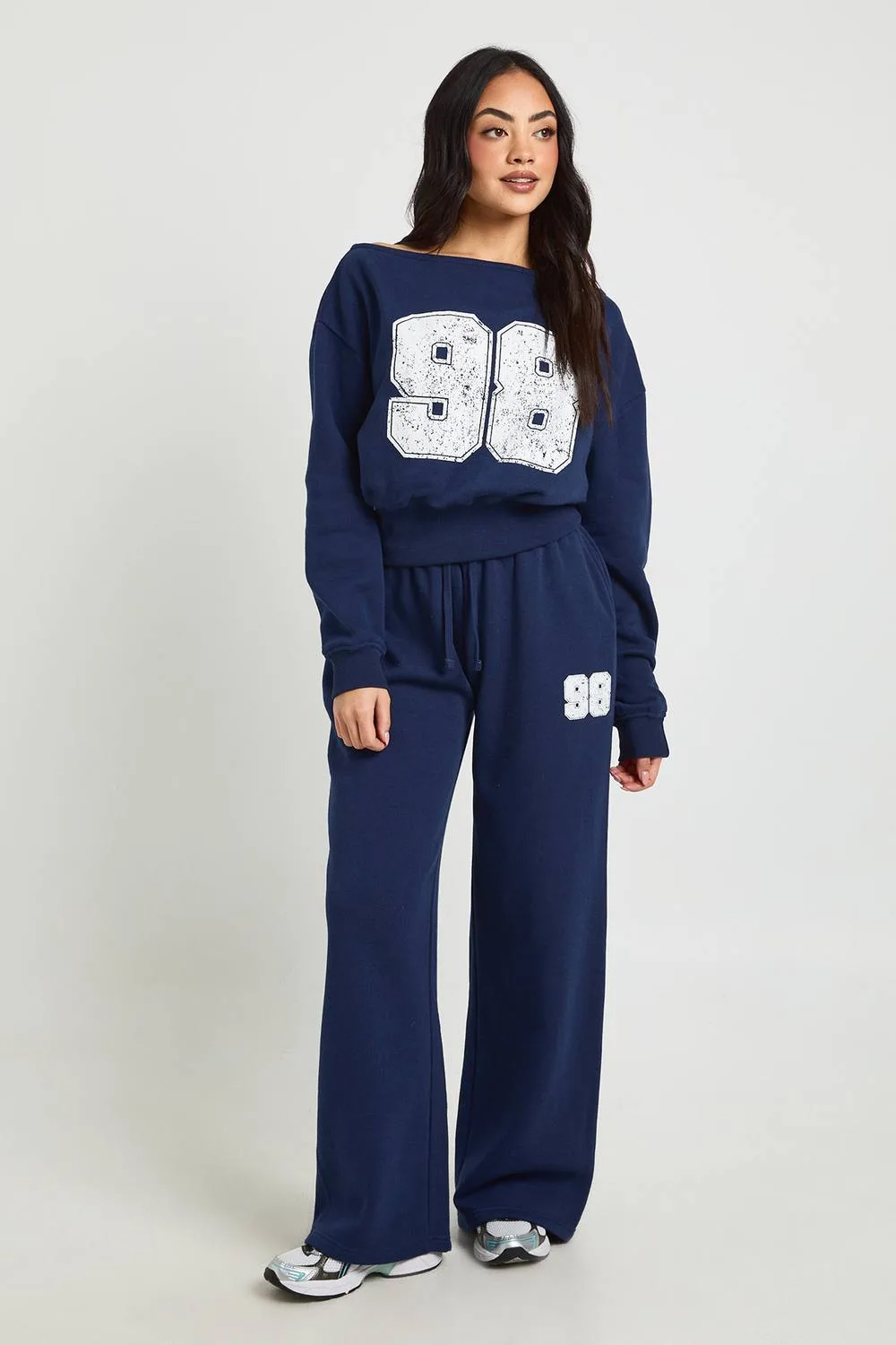 98 Print Off-Shoulder Straight Leg Tracksuit by boohoo