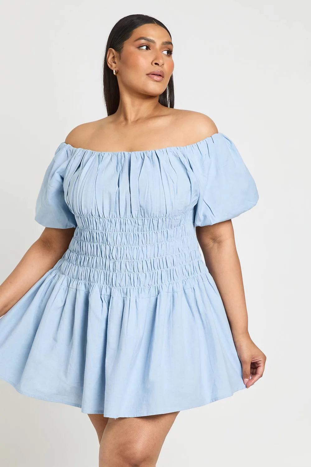 Linen Look Puff Sleeve Shirred Bodice Mini Dress by boohoo