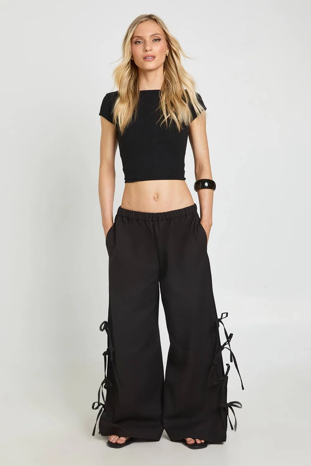 Linen Look Tie Side Wide Leg Trousers by boohoo