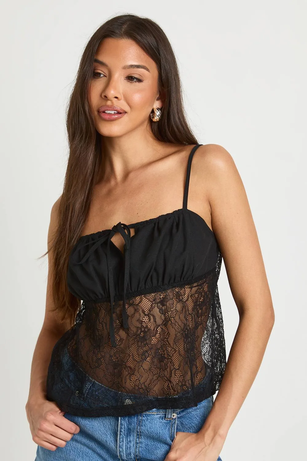 Tie Front Lace Cami Top by boohoo