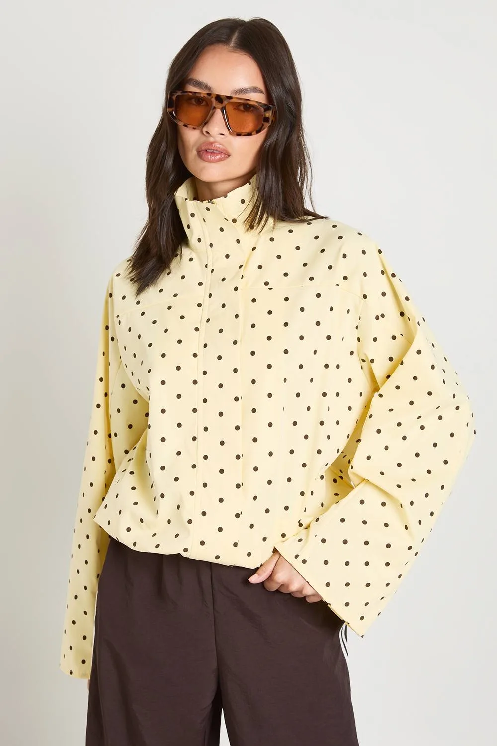 Funnel Neck Twill Polka Dot Zip Through by boohoo