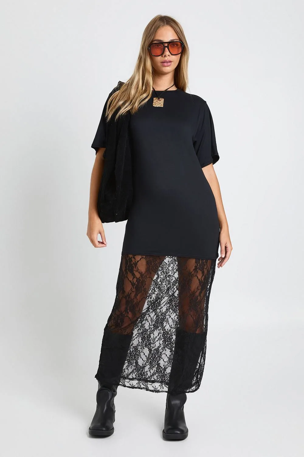 Lace Detail Midaxi T-Shirt Dress by boohoo