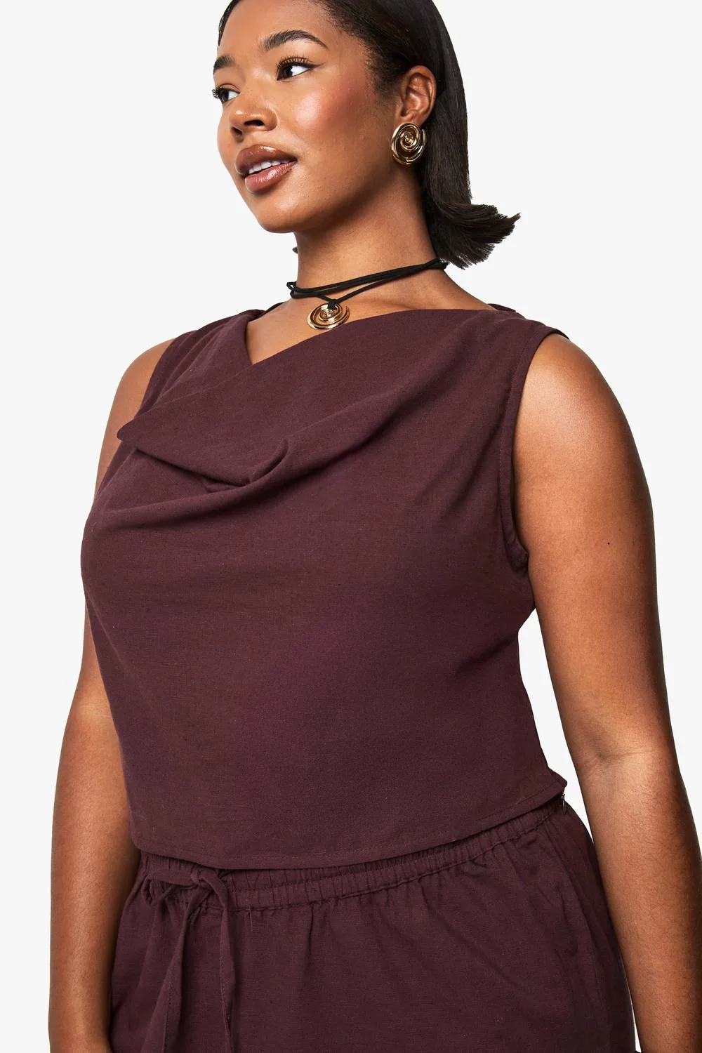 Linen Look Cowl Neck Crop Top by boohoo