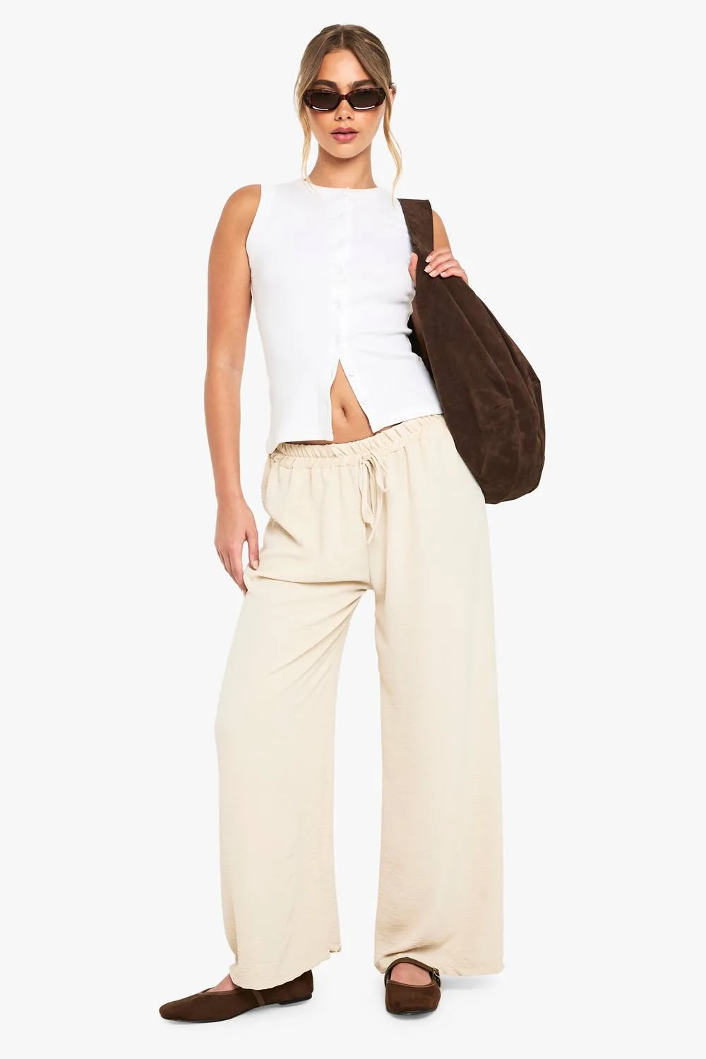 Woven Tie Waist Wide Leg Trousers - Stone by boohoo